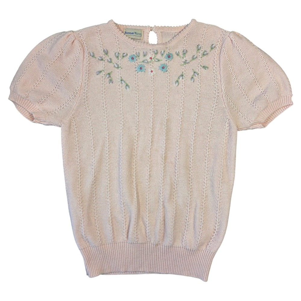 Boundary Waters Pink Knit Puff Sleeve Floral‎ Embroidered Top Women Cottagecore